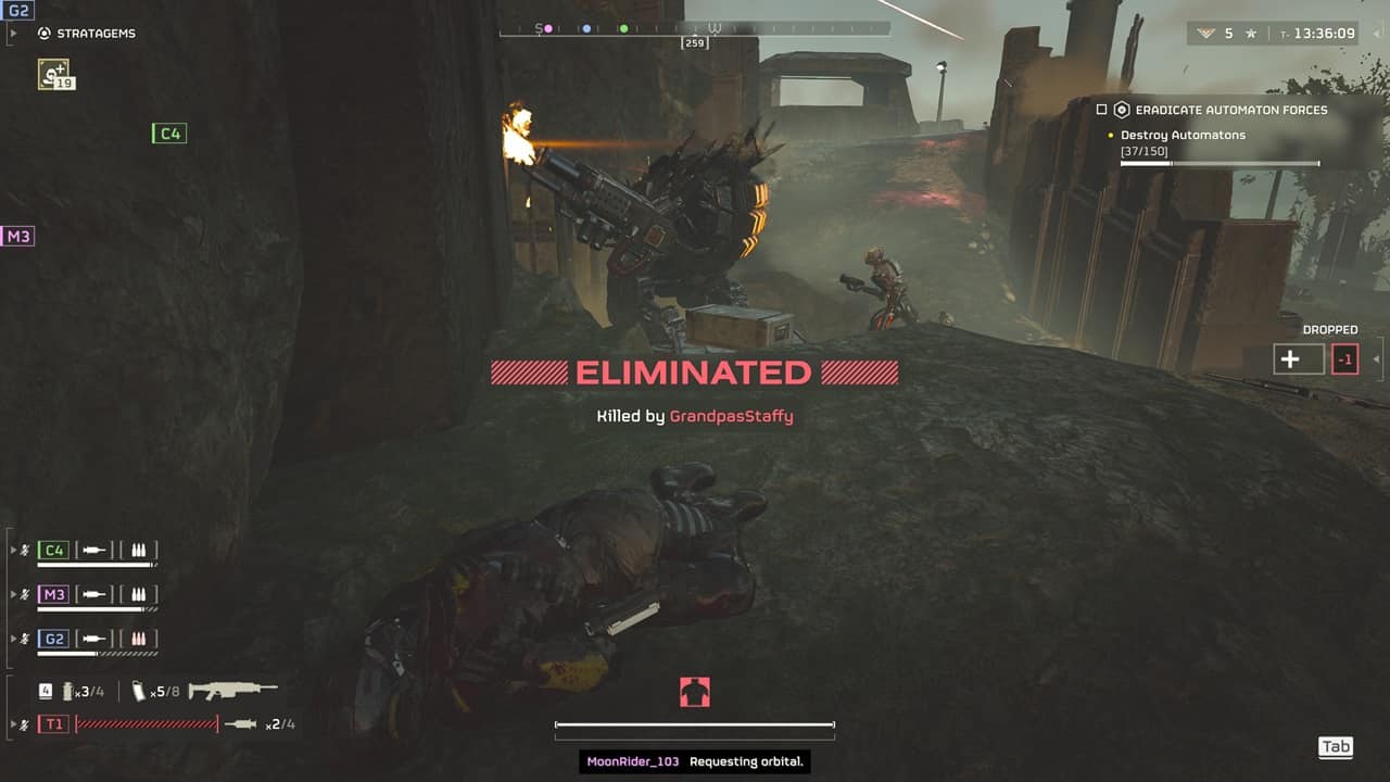 An image of a player losing a fight to a Hulk in Helldivers 2. Image captured by VideoGamer.