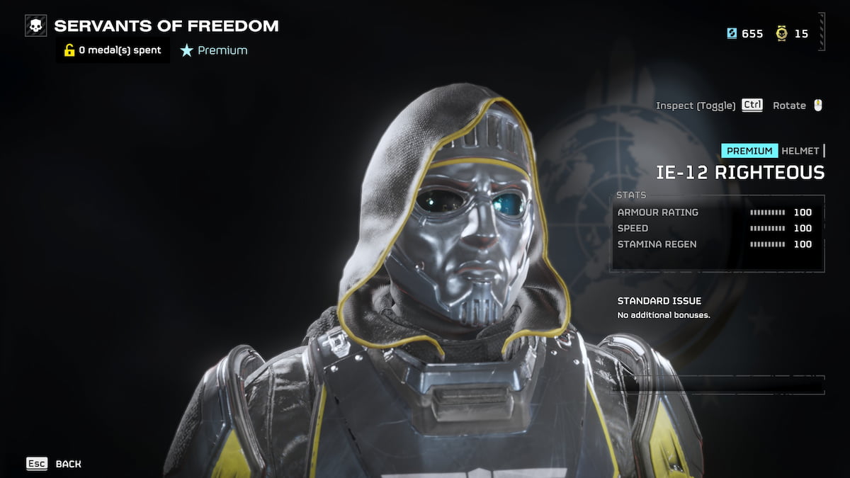 Image of the stat page for the IE-12 Righteous helmet in Helldivers 2.
