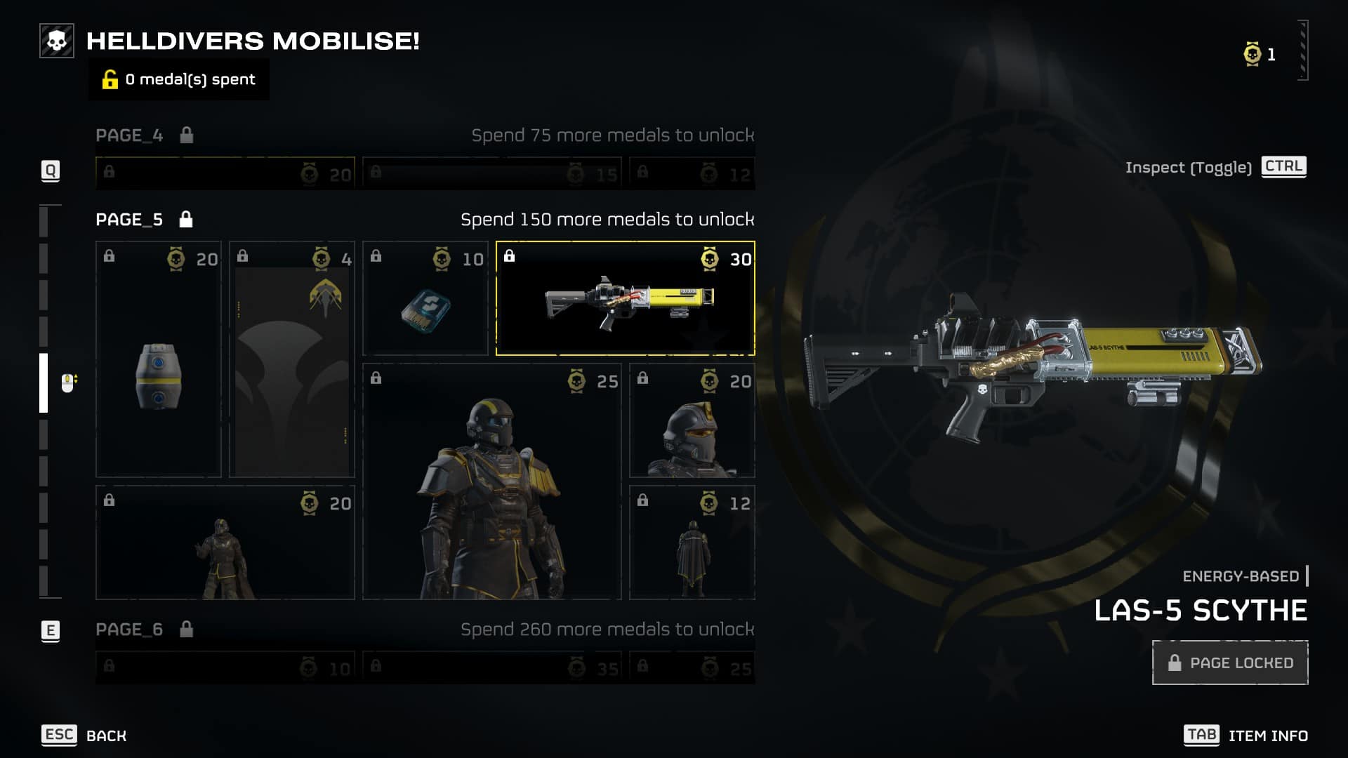 Helldivers 2 LAS-5 Scythe beam rifle: The LAS-5 Scythe in the Warbonds menu.