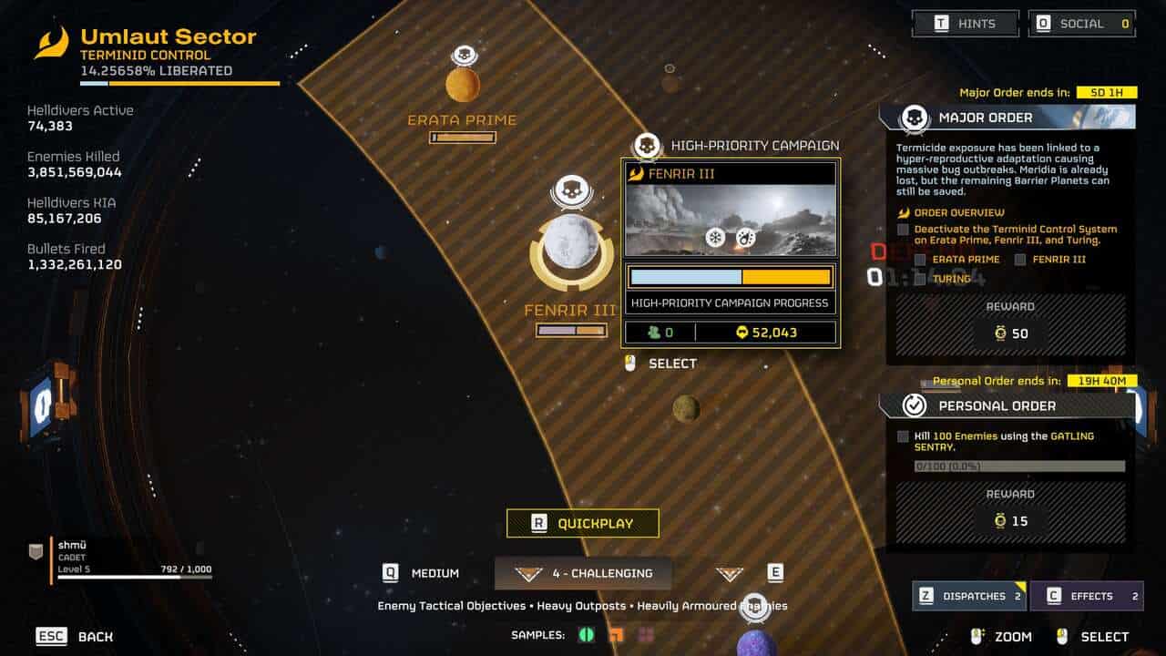 Helldivers 2 does live-service right: The Galactic War map showing a Major Order on Fenrir III in the Umlaut Sector.
