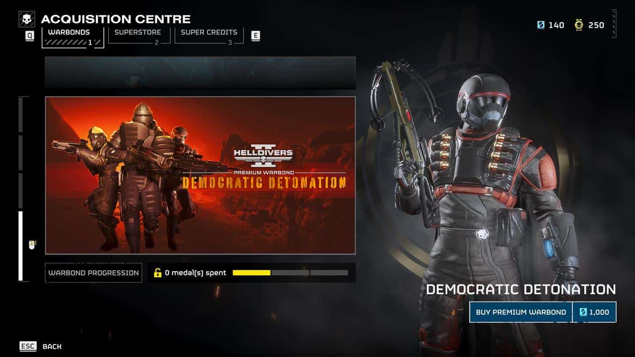 Helldivers 2 does live-service right: The main page of the Warbonds menu showing the currentt Democratic Detonation Warbond.