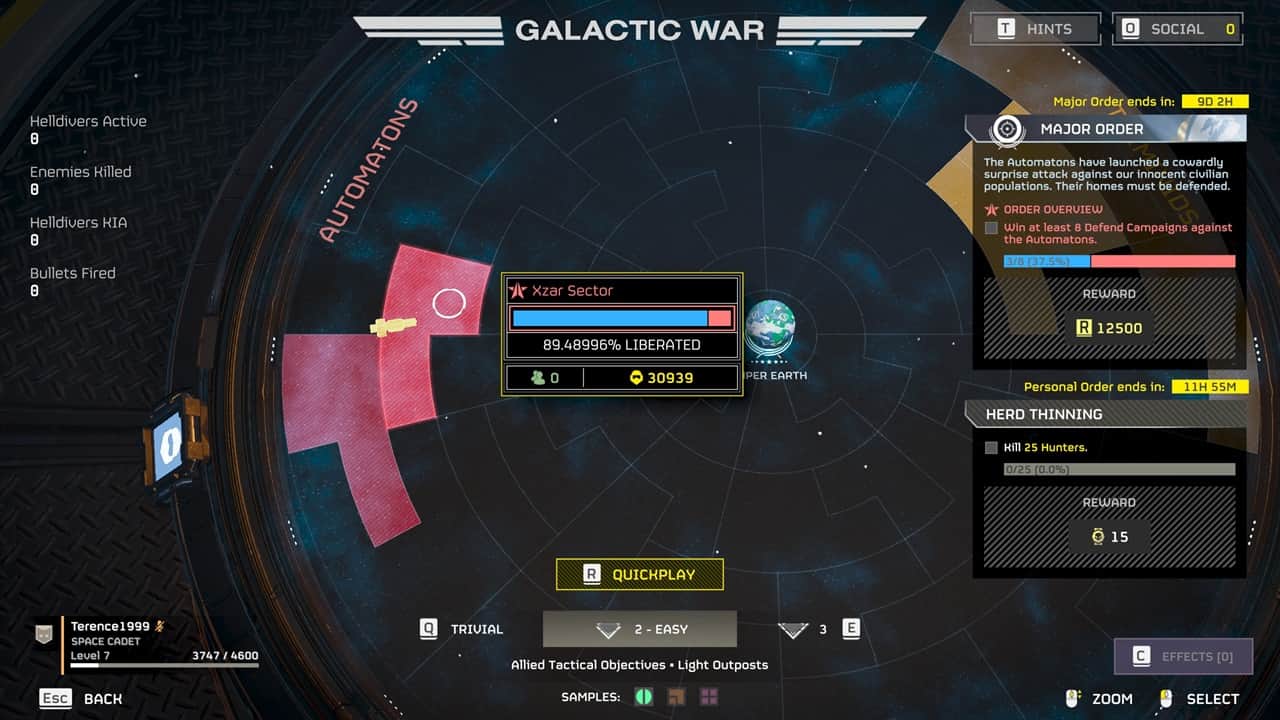 An image of the Galactic War screen with Personal Orders in Helldivers 2. Image captured by VideoGamer.