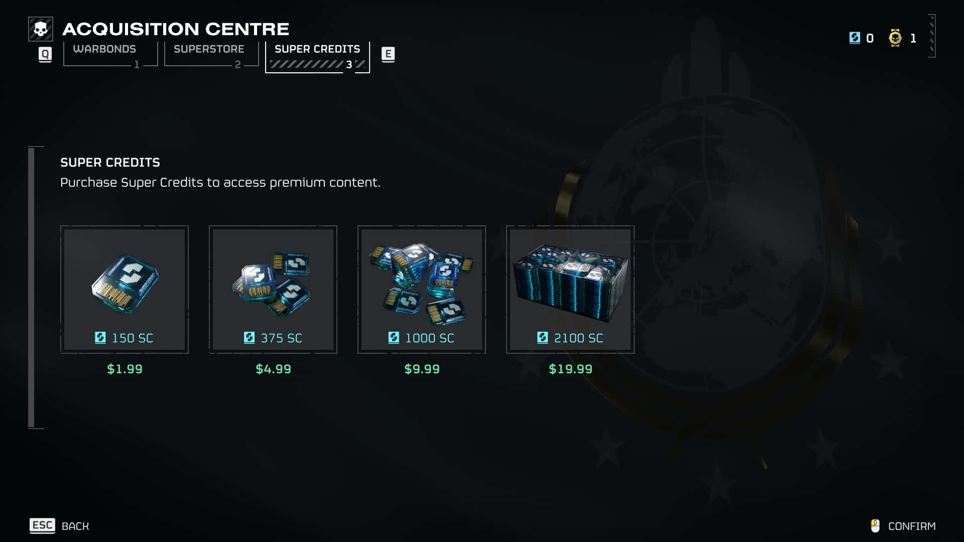 Helldivers 2 microtransactions: The Super Credits purchase screen in Helldivers 2