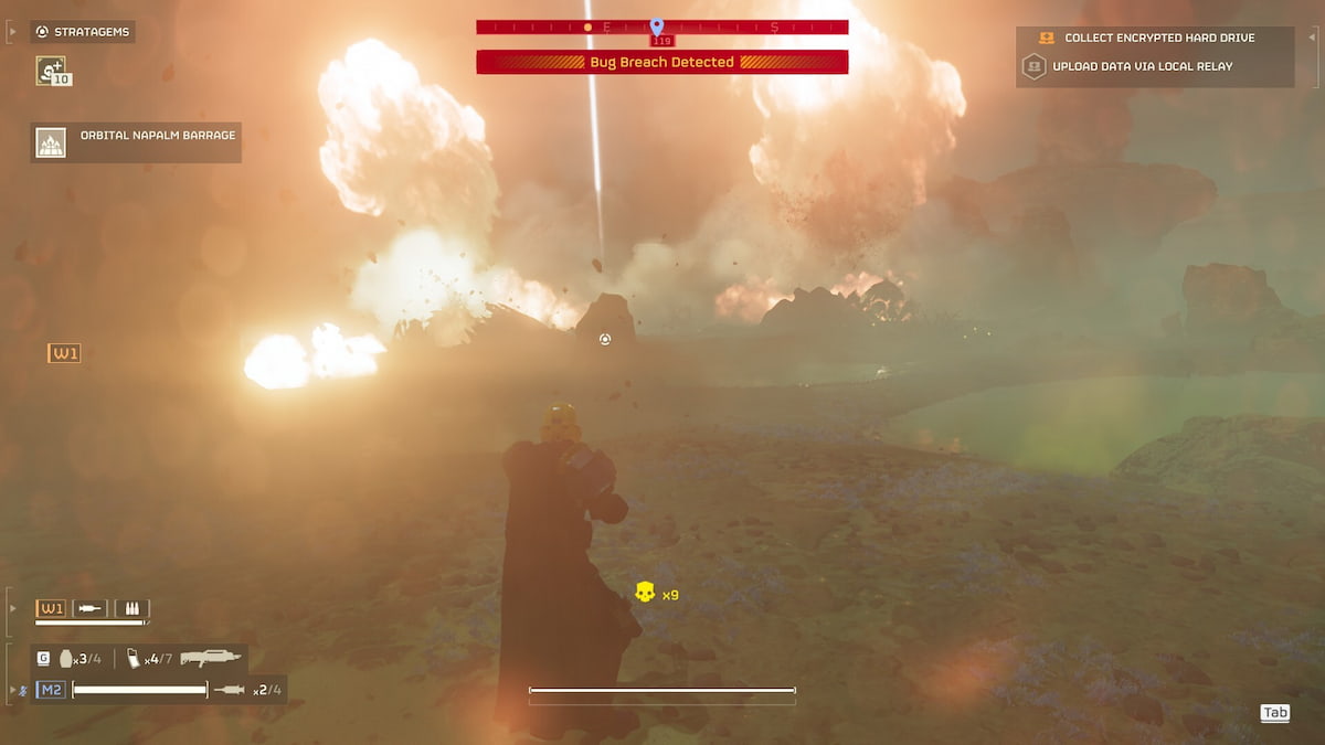 Image of an Orbital Barrage Stratagem in action in Helldivers 2.
