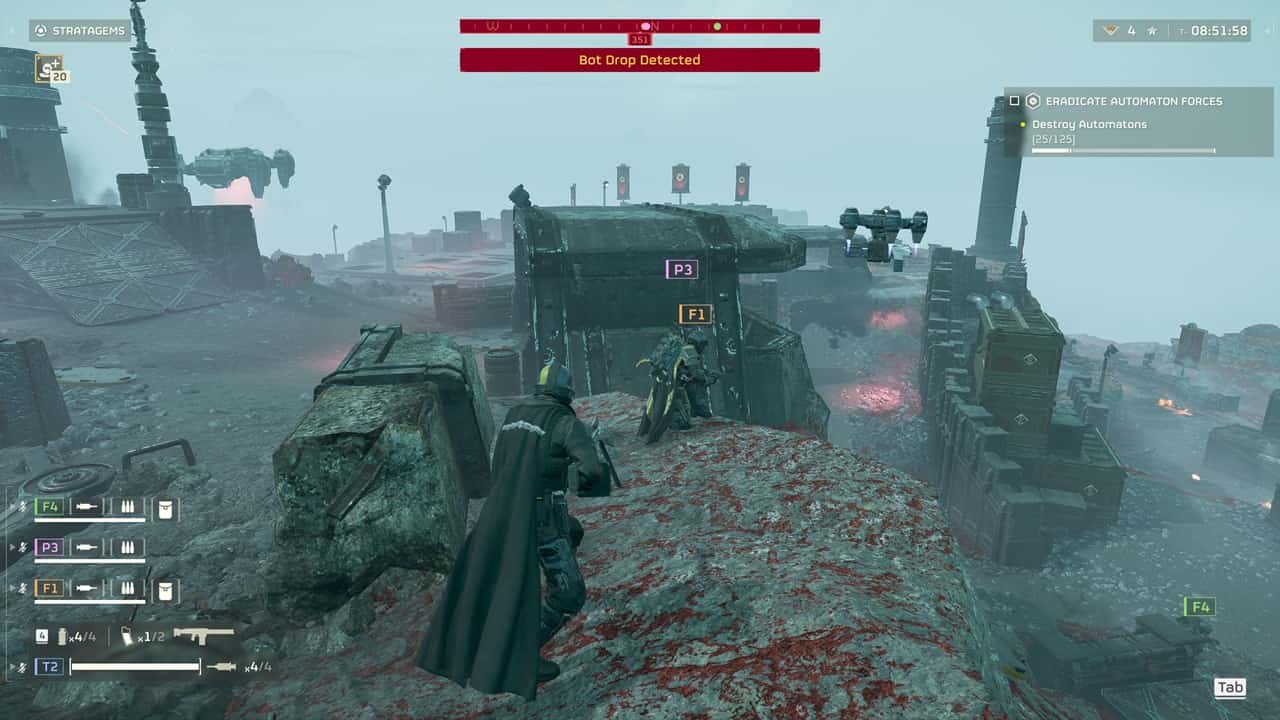 An image of players fighting Automatons in Helldivers 2. Image captured by VideoGamer.