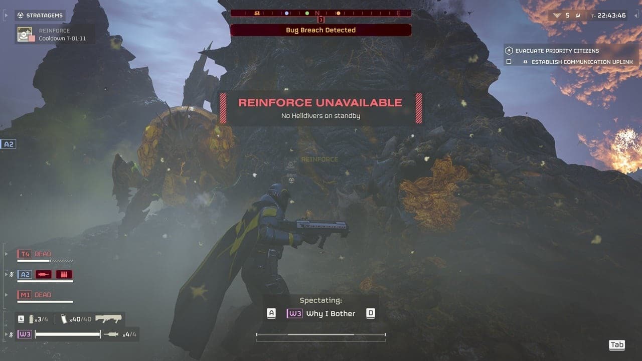 Helldivers 2 reinforce: A Helldiver is unable to reinforce as they fight Terminids in the game. Image captured by VideoGamer.
