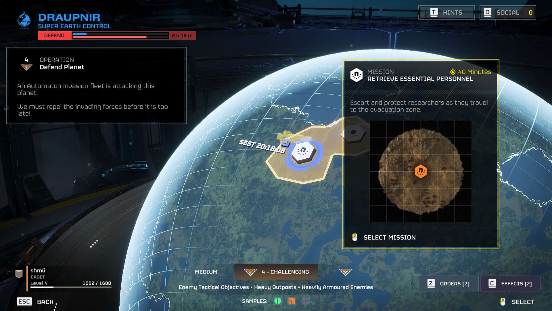 Helldivers 2 Rescue Science Teams: The mission map in Helldivers 2 on the planet Draupnir.