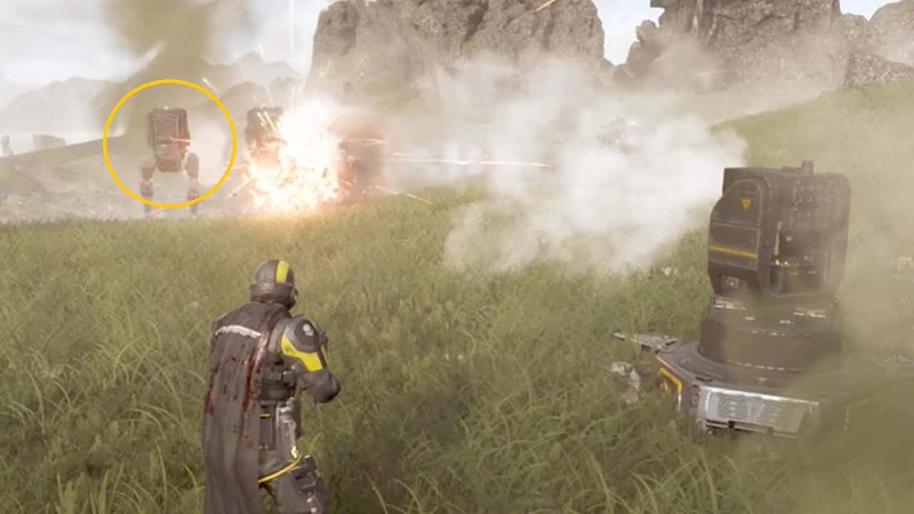 An image of a player next to a turret, battling a Scout Strider in Helldivers 2. Image captured by VideoGamer.