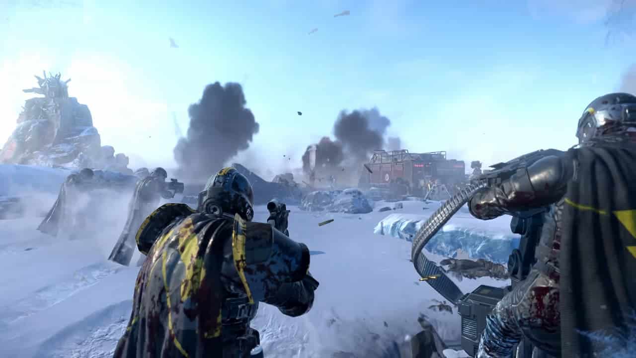 Helldiver 2 soldiers shooting guns on a snowy planet