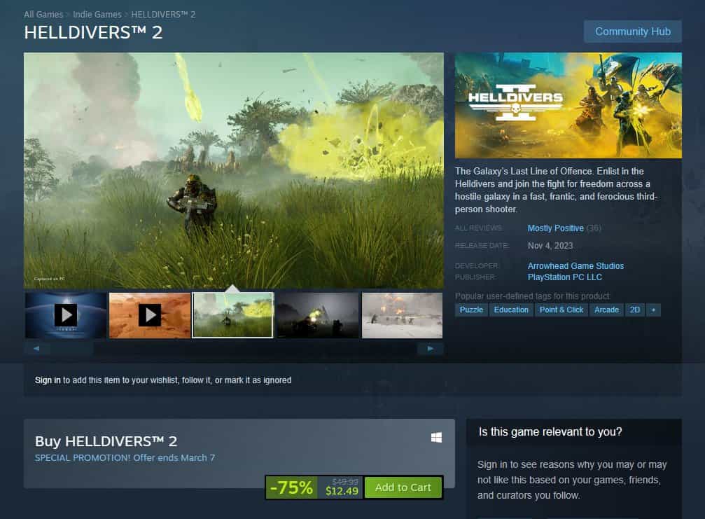 A screenshot of the Steam store page for a fake copy of Helldivers 2. Image from Wario64.