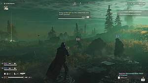 A screenshot of Helldivers 2, featuring a group of people surrounded by lush foliage in a vast forest.