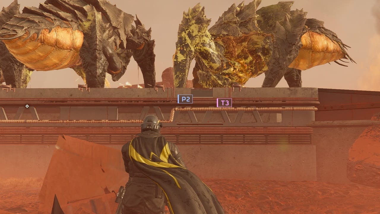 Helldivers 2 bugs stealth - An image of a player behind two Chargers.