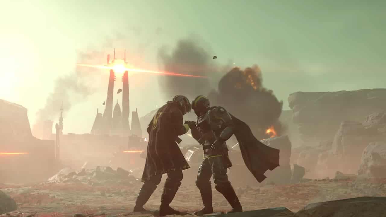 Two Helldivers 2 soldiers bump heads on the battlefield