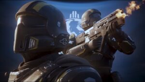 Two Helldivers 2 soldiers stand in front of a blue flag