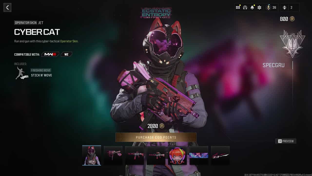 Helldivers 2 weapon customization: A Call of Duty bundle featuring the Cybercat Operator skin. Image captured by VideoGamer.