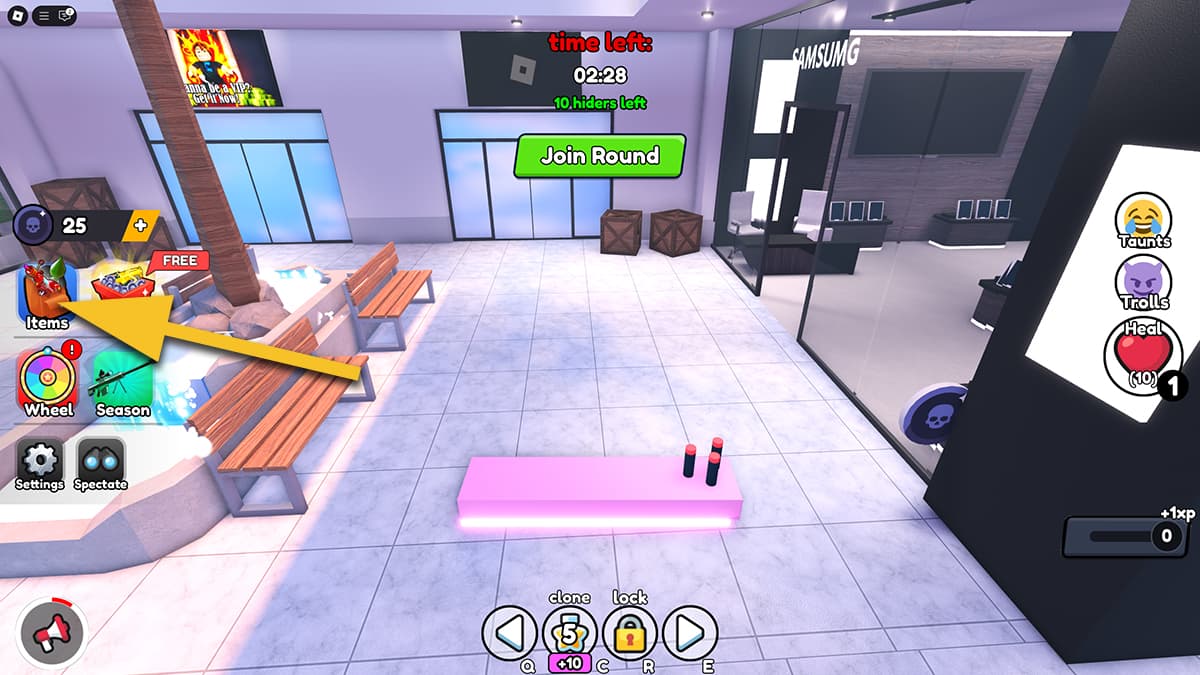 Image of the game Hide or Die on Roblox with an arrow pointing at the Items icon.