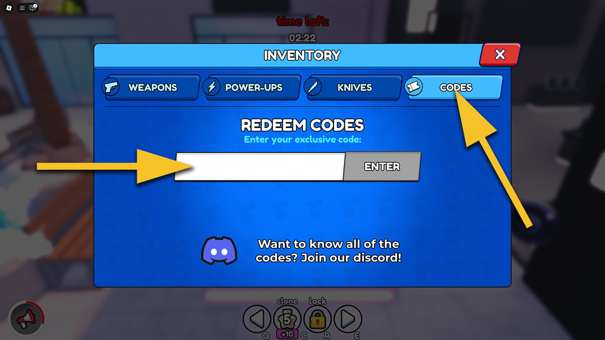 Image of the code redemption screen on the Inventory window in Hide or Die game on Roblox.