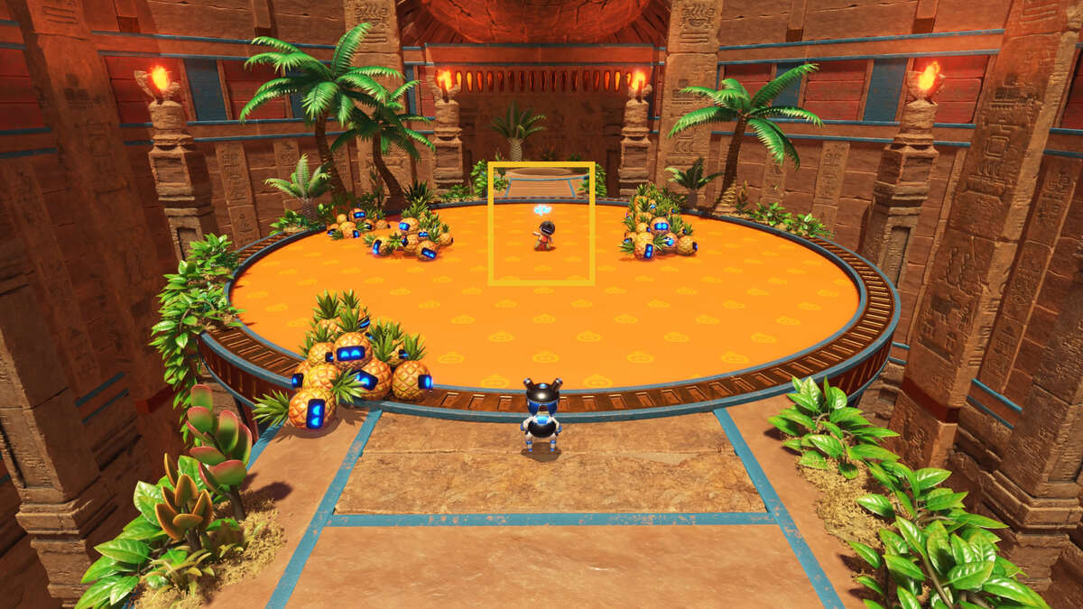 Astro Bot Hieroglitch Pyramid: Astro exploring a pyramid.