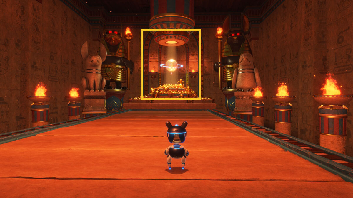 Astro Bot Hieroglitch Pyramid: Astro exploring a pyramid.
