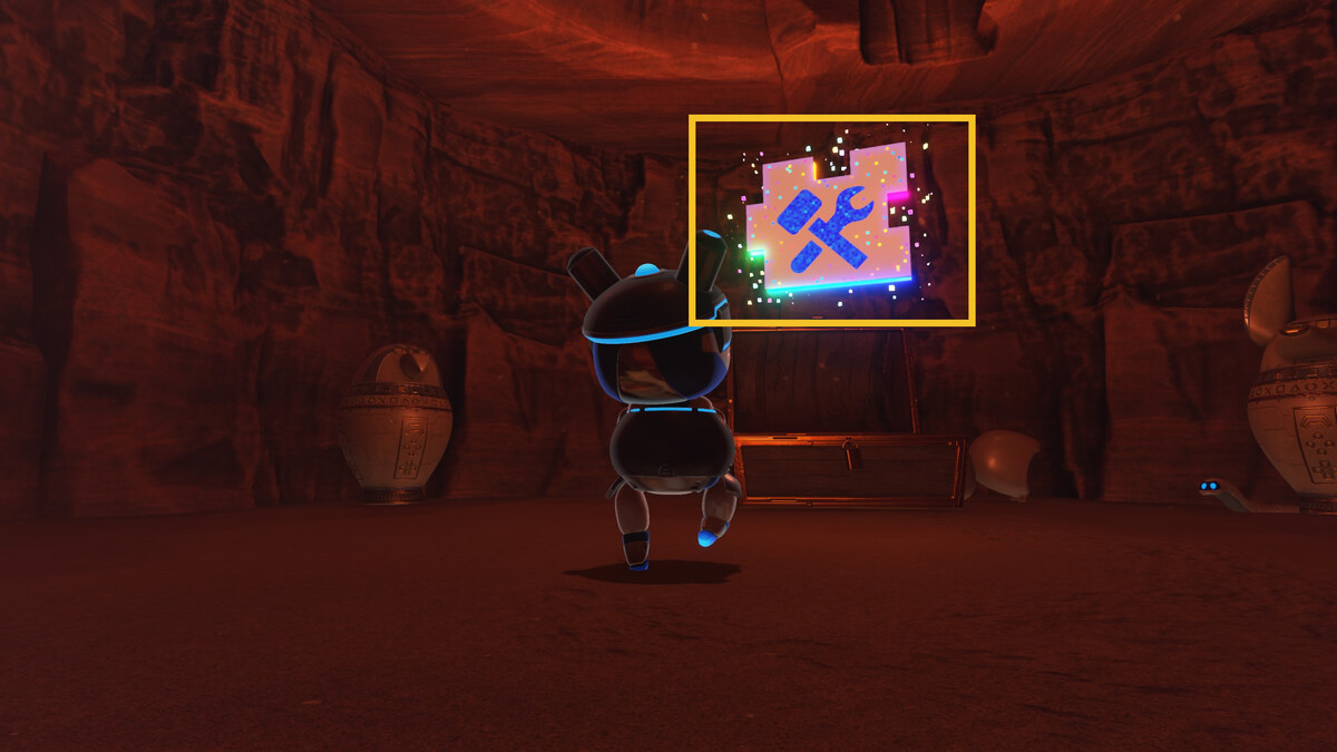 Astro Bot Hieroglitch Pyramid: Astro exploring a pyramid.