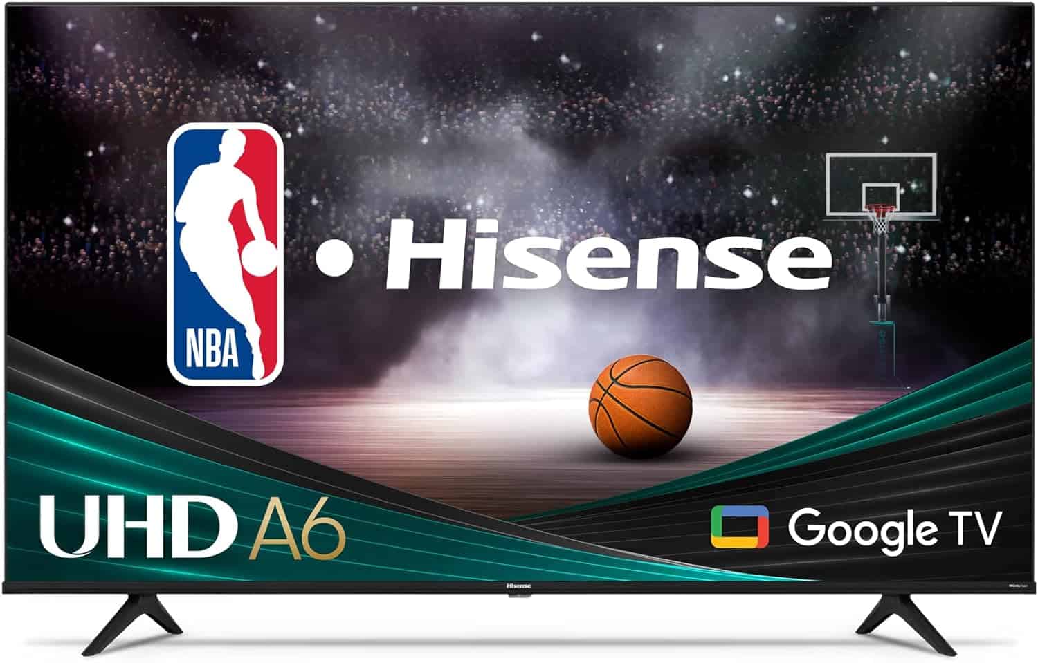 The Hisense 75A6H NBA Edition UHD 4K TV showcases the logo of the NBA.