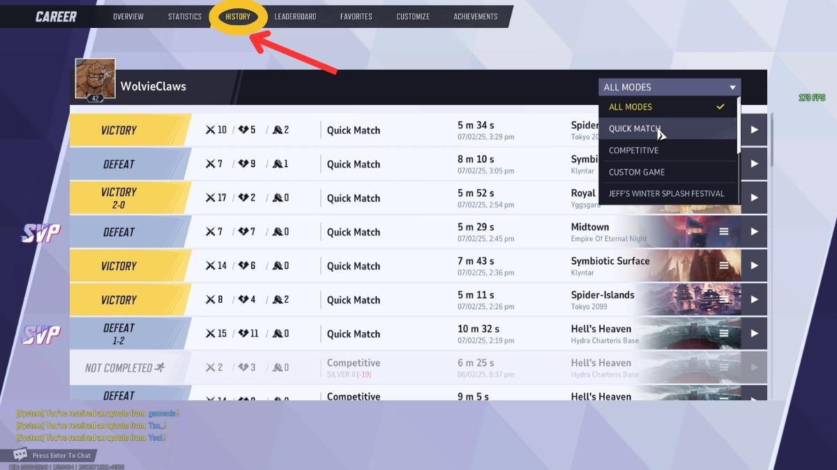 Career Tab with Match History data in Marvel Rivals