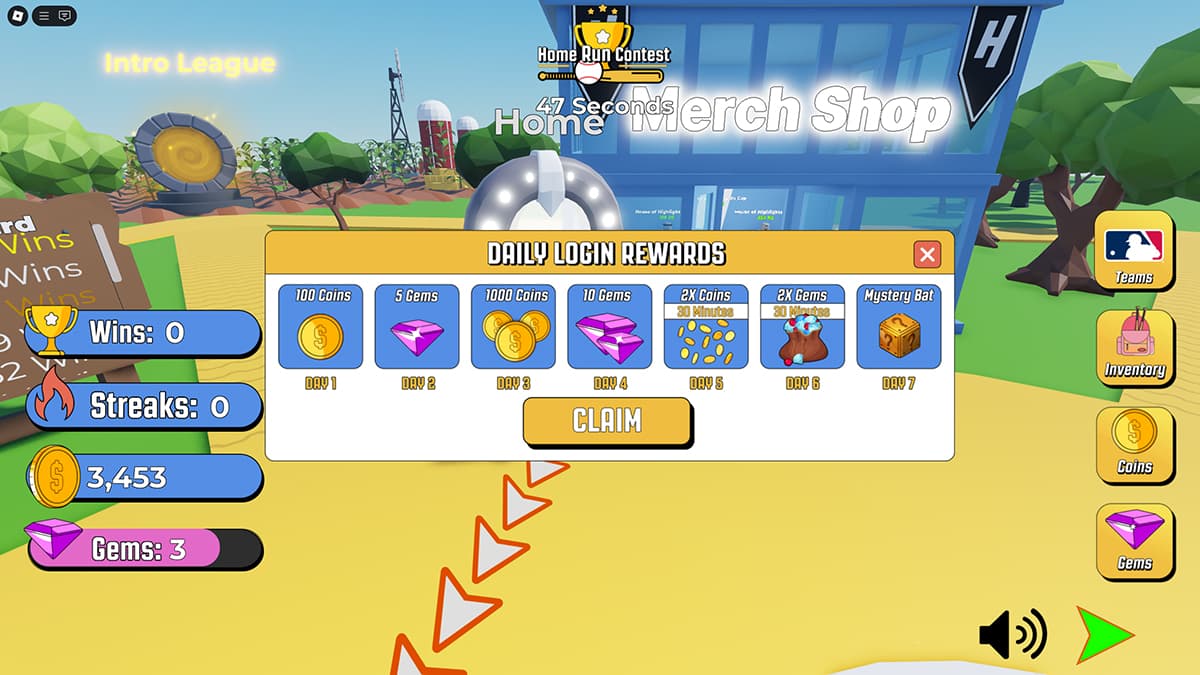 Image of the Daily Rewards screen in Home Run Simulator on Roblox.