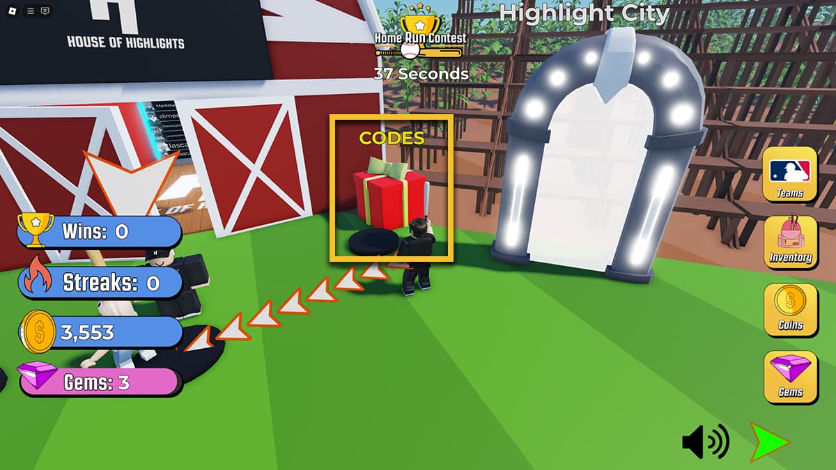 Image of the player standing in front of the Codes area in the form of a present in Home Run Simulator on Roblox, with a yellow box marking the area.