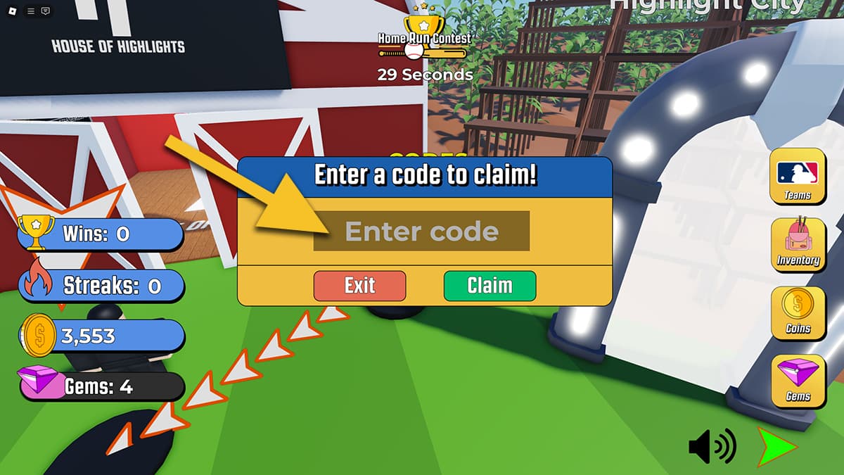 Image of the code redemption screen in Home Run Simulator on Roblox, with an arrow pointing at the code input text box.