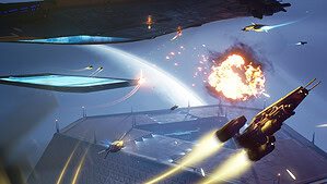 Homeworld 3 release date - a ship explodes in space as other ships shoot