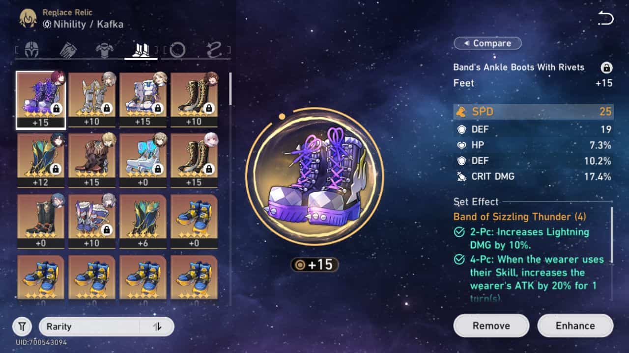 Honkai Star Rail - Relic set in the character menu