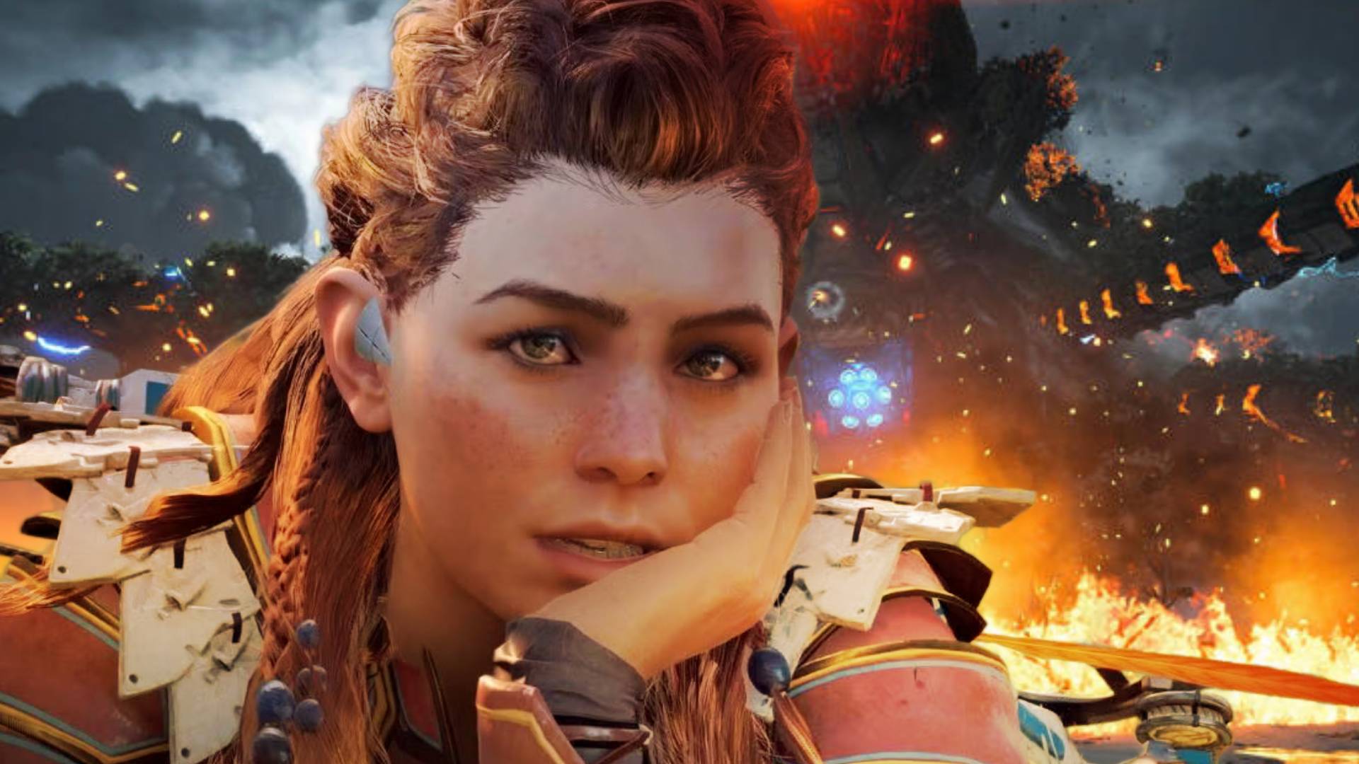 Horizon Zero Dawn Aloy posing in front of a massive robot