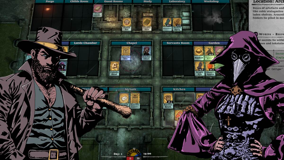 The Horror at Highrook: two characters next to a floorplan with cards.
