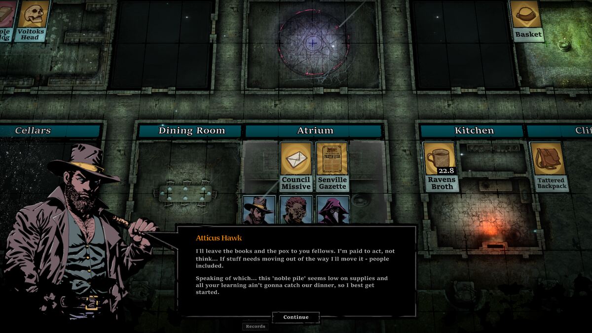The Horror at Highrook: character next to a floorplan with cards.