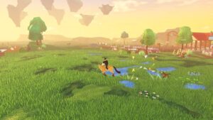 An image of Horse Life player riding its horse on a grassy field.