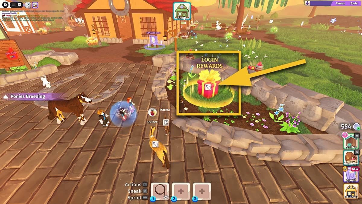 The image shows stables, a couple of horses and players, and a red gift box marked Login Rewards right in the centre. A yellow arrow points to the red gift box.