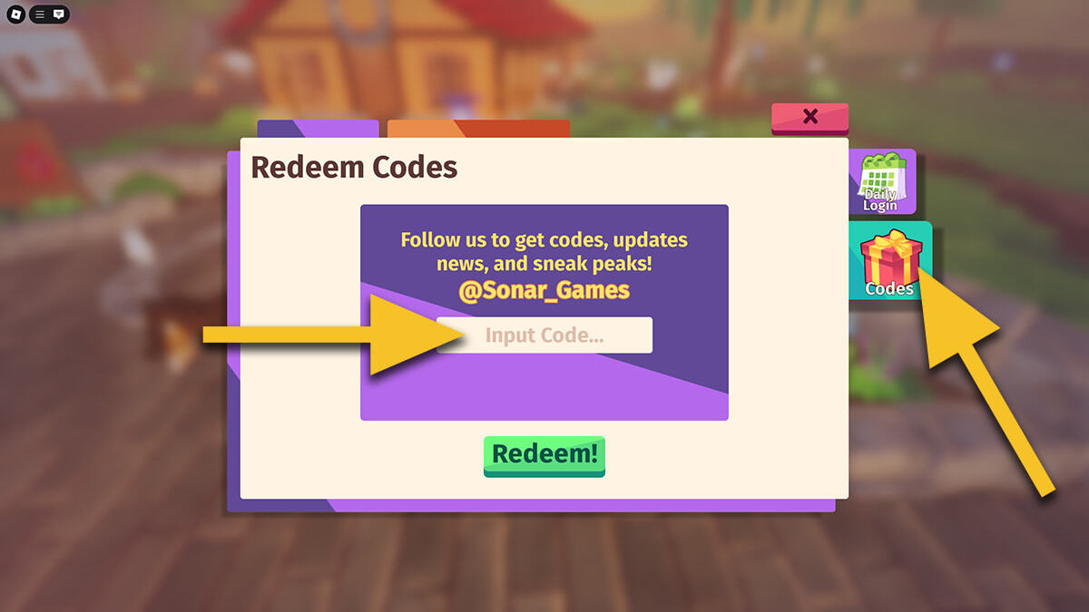 A yellow arrow points to the Codes button on the right side of the menu. Another yellow arrow points at the text box where the player should enter the code.