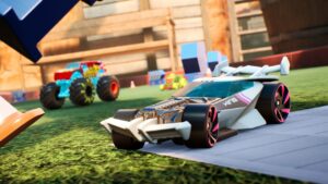 Hot Wheels Unleashed 2 - Turbocharged gameplay preview: A cinematic shot of a sports car with a huge spoiler, and a monster truck in the background.