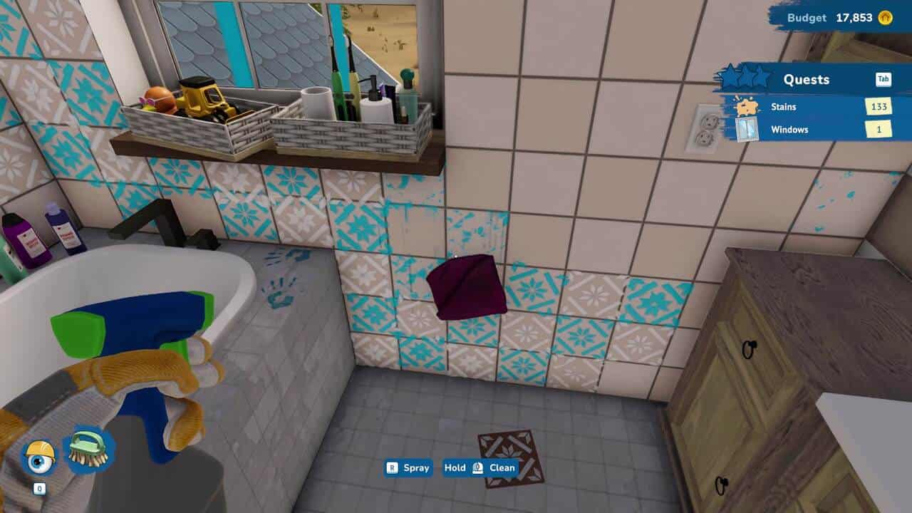 House Flipper 2 tips and tricks: A player cleaning stains off a bathroom wall