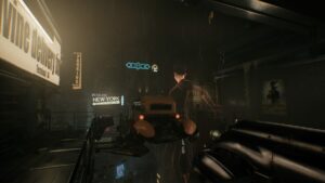 How long is Nobody Wants to Die: A row of flying cars parked high up in the air surrounded by skyscrapers.