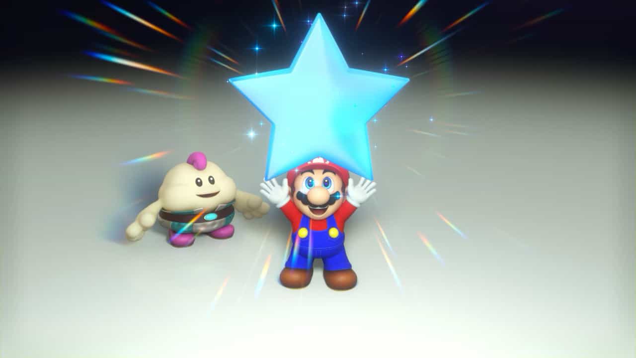 How long is Super Mario RPG remake: Mario holding up a blue Star Piece with Mallow standing next to him.