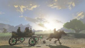 How long is Tears of the Kingdom: Link riding a horse pulling a cart with some people on while the sun sets in the background.