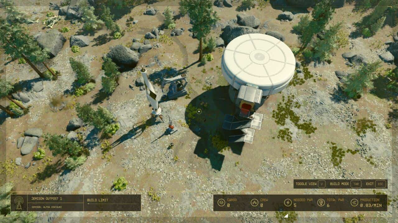 How to assign crew to an outpost in Starfield: An overhead view of an outpost in construction.