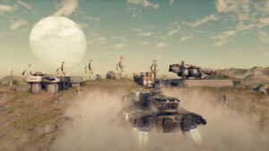 How to assign crew to an outpost in Starfield: A starship takes off from an expansive outpost.