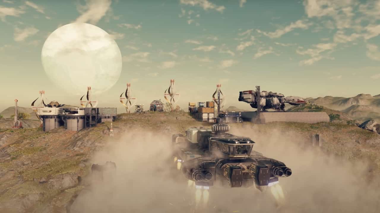 How to assign crew to an outpost in Starfield: A starship takes off from an expansive outpost.
