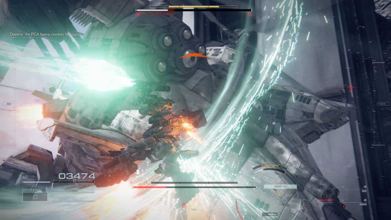 beat the PCA helicopter in Armored Core 6: An AC lands a direct melee blow against the hull of the PCA helicopter.
