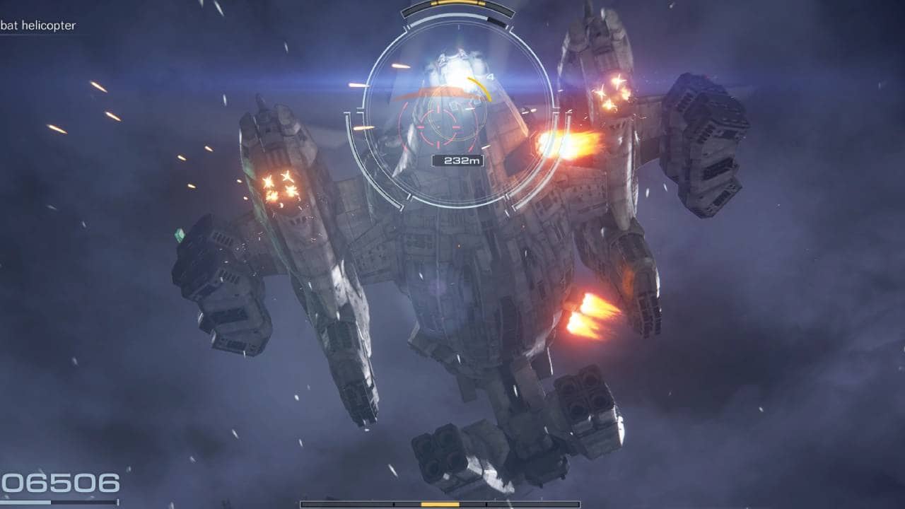 beat the PCA helicopter in Armored Core 6: The PCA Heavy Combat Helicopter unloads its weapons systems as it hangs in the sky directly above a player AC.