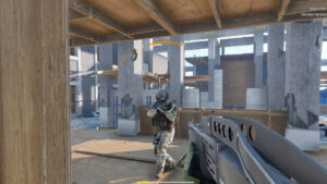 How to change appearance in Trepang2: A soldier turns to aim at Subject 106 in the combat simulator training mode.
