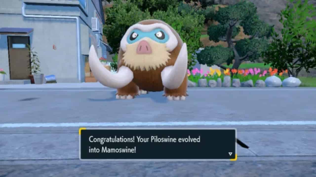 A pokemon, Piloswine, is standing in front of a street.