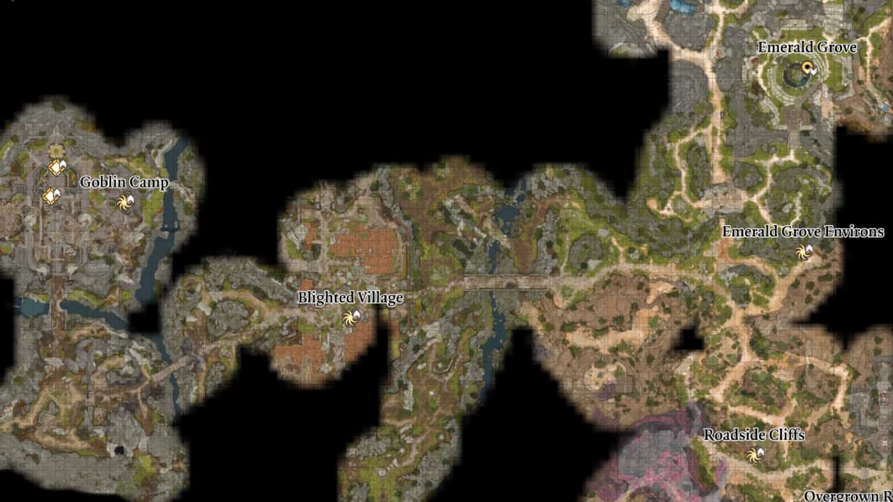 How to get into the Goblin Camp in Baldur’s Gate 3: A view of the area map showing the revealed path from the Roadside Cliffs and the Emerald Grove to the Goblin Camp in the west.